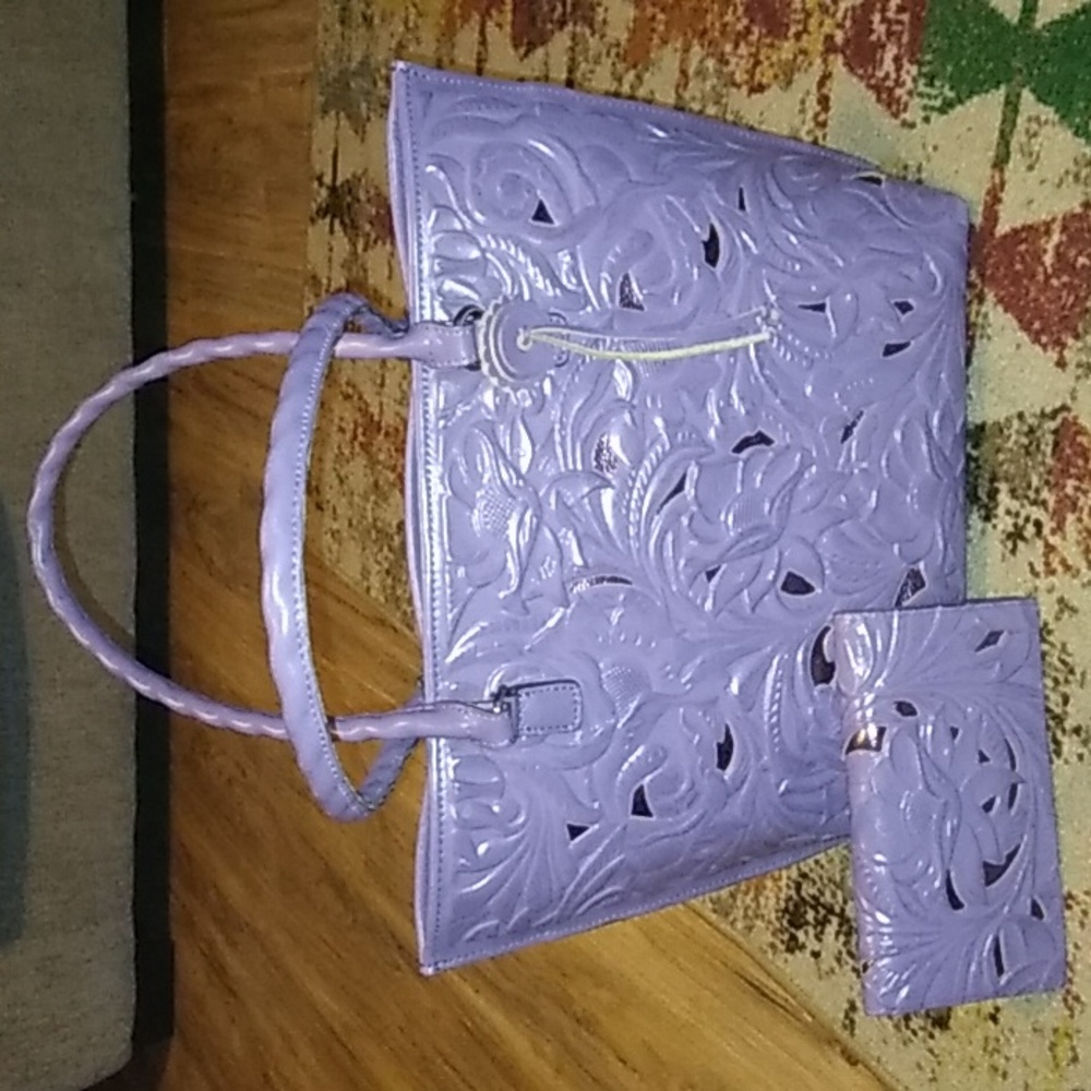 Purple,lavender, amethyst tooled leather Patricia Nash handbag and match wallet!